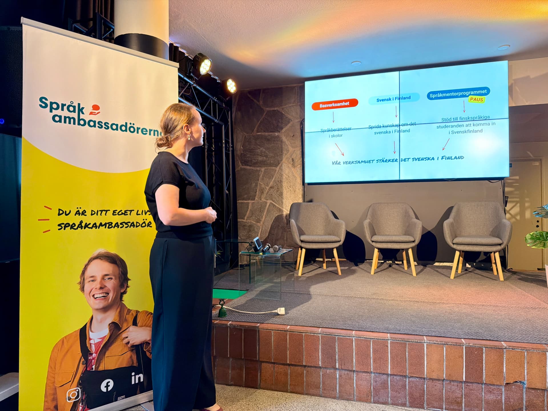 Finansiärfrukost 15.9.2026 – talare vid presentation med Språkambassadörernas rollup